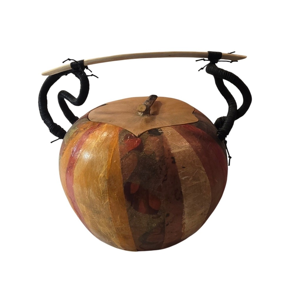 Artisan Handmade Gourd Decorative Vessel with Leaf Lid and Coiled Handle signed‎